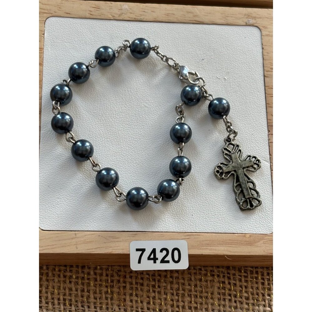 Rosary-Style Bracelet With Dark Pearls & Ornate Cross Charm Lobster Clasp 7.5" L